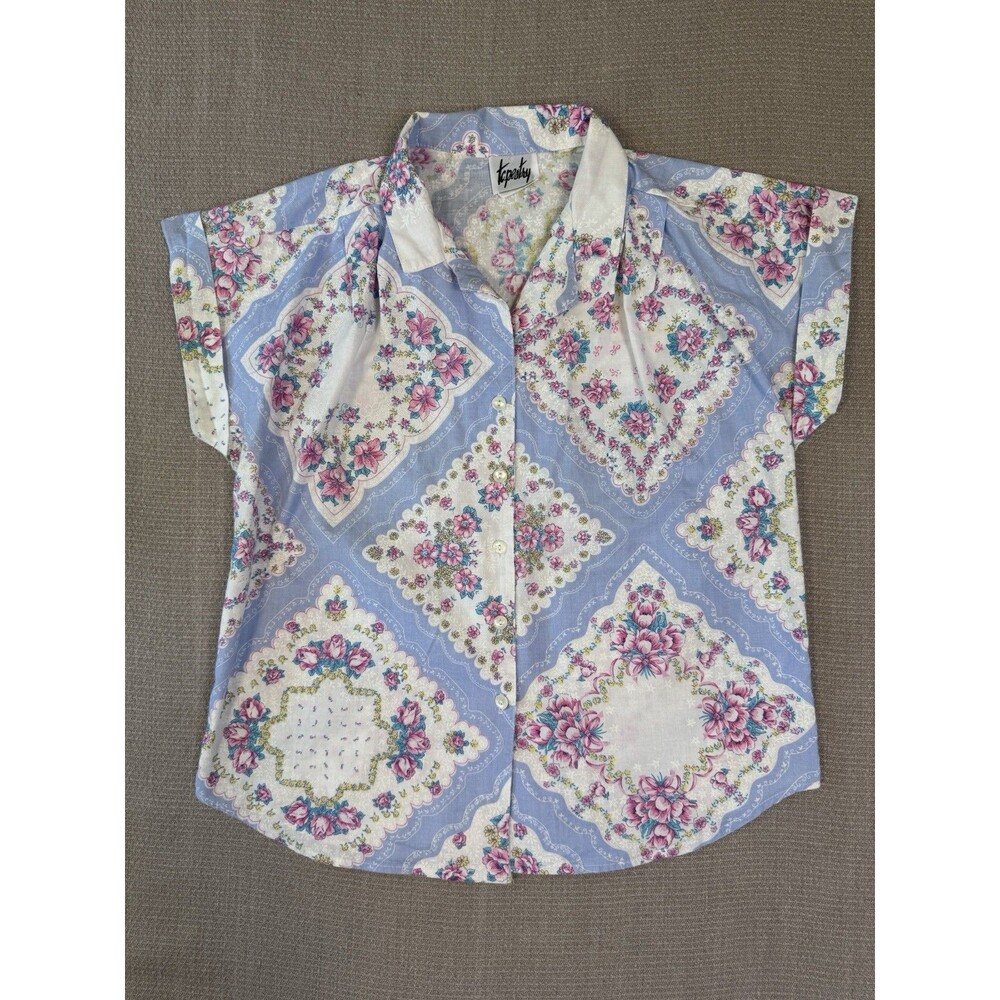 Vintage Women's Camp Shirt Patchwork Floral Print Short Sleeve Size Medium 595